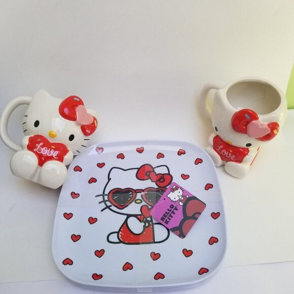 Hello Kitty Heart Valentines Romantic Acrylic Plate and Ceramic Cup set - Picture 1 of 7